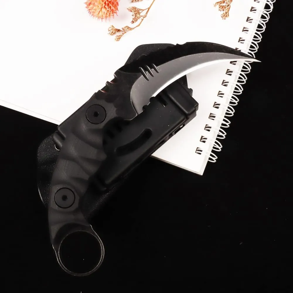MASALONG Outdoor Survival Claw Tactical Teeth Knife Double Edged Sharp Fixed Blade Knife with Sheath (Stone wash Version-kydex Sheath)