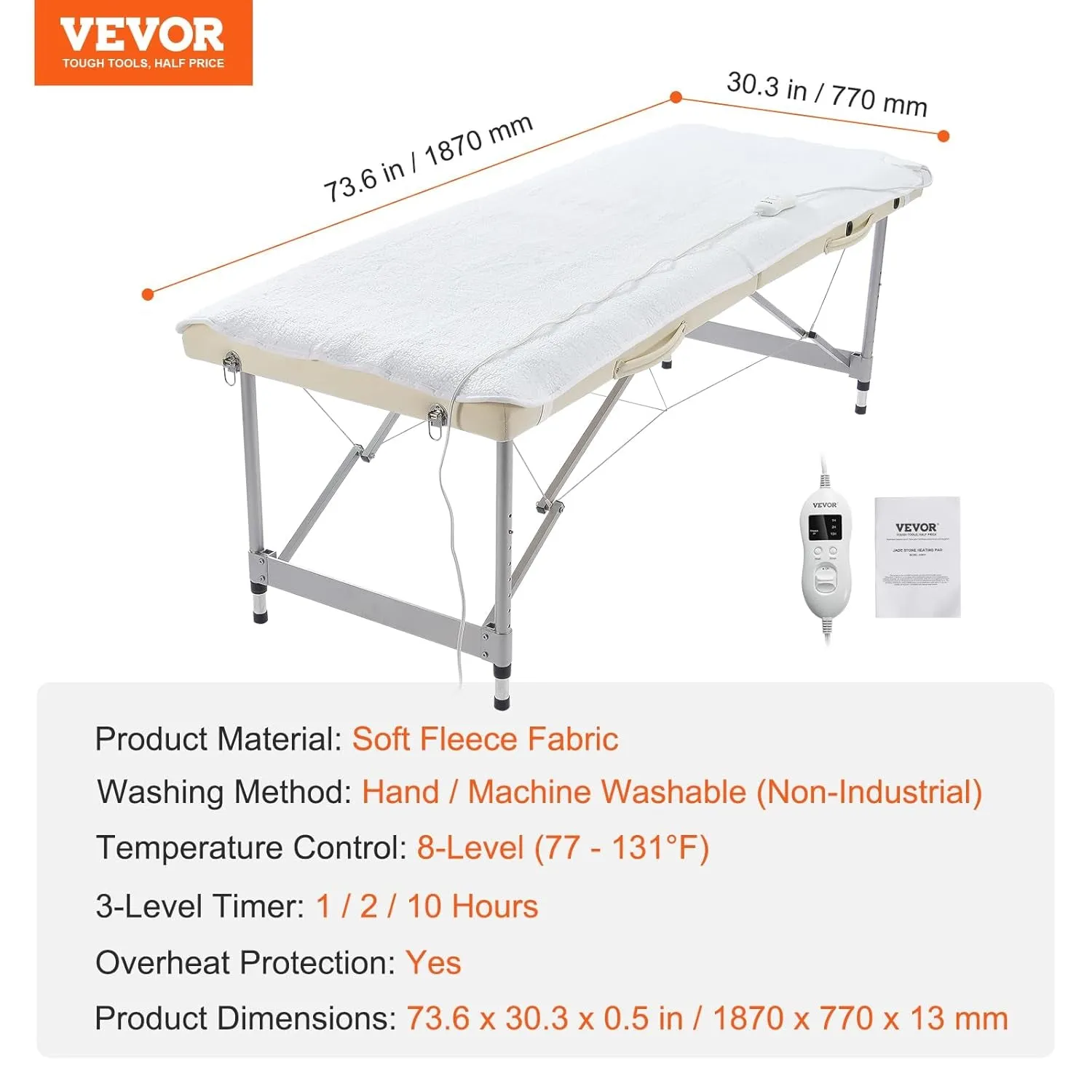 Massage Table Warmer Heating Pad, Professional SPA Massage Bed Warmer, Soft Fleece Heating Pad with 3-Level Timer, 8 Heat Settings, Overheat Protection for Massage Bed, Beauty Salon, 73.6" X 30"