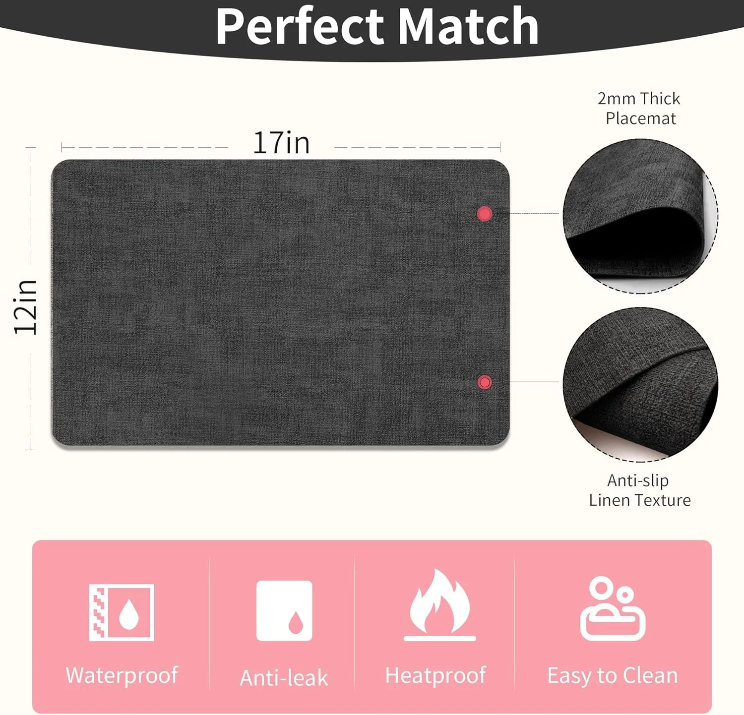Maxpearl Faux Leather Placemats Set of 6 - Waterproof - Wipe Clean - Heat Resistant - Anti Slip Dining Table Place Mats, Suitable for Indoor & Outdoor Use, 17’’×12’’, Black