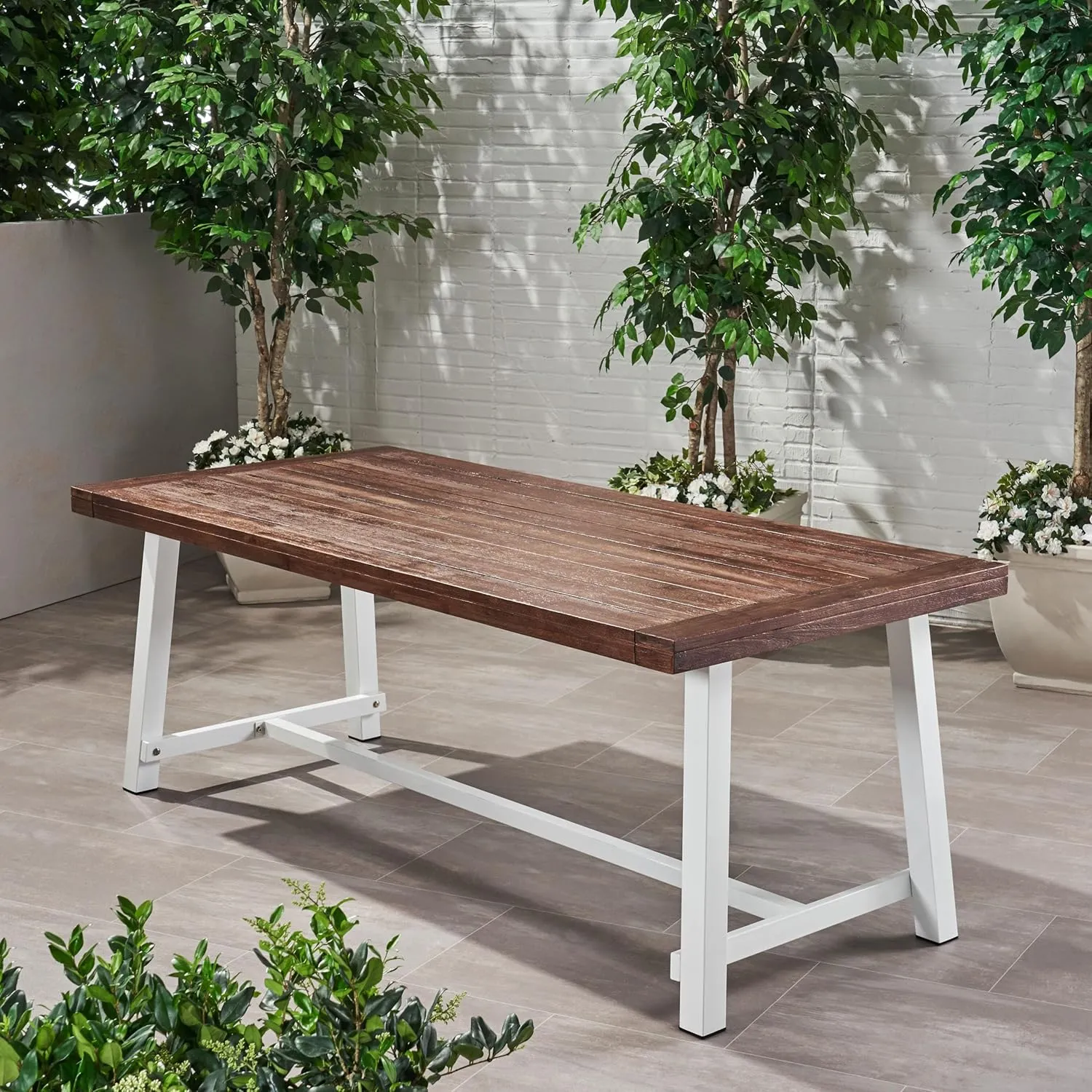 Merax Outdoor Dining Table for 8 Person, Rectangle Weather Resistant Patio Furniture for Yard, Garden, and Lounge, Dark Brown White