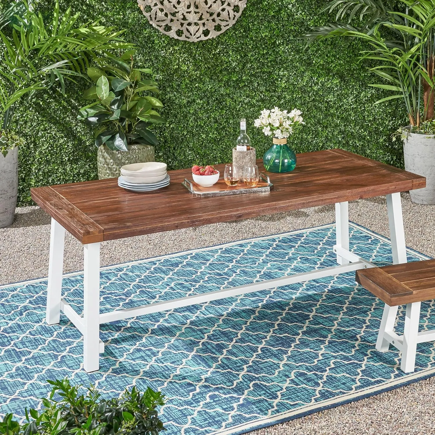 Merax Outdoor Dining Table for 8 Person, Rectangle Weather Resistant Patio Furniture for Yard, Garden, and Lounge, Dark Brown White