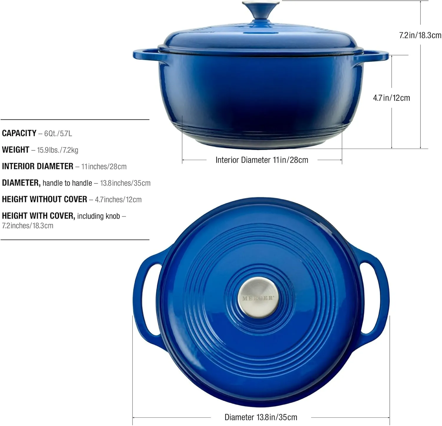 Mercer Culinary Enameled Cast Iron Round Dutch Oven, 6 qt., Navy Blue