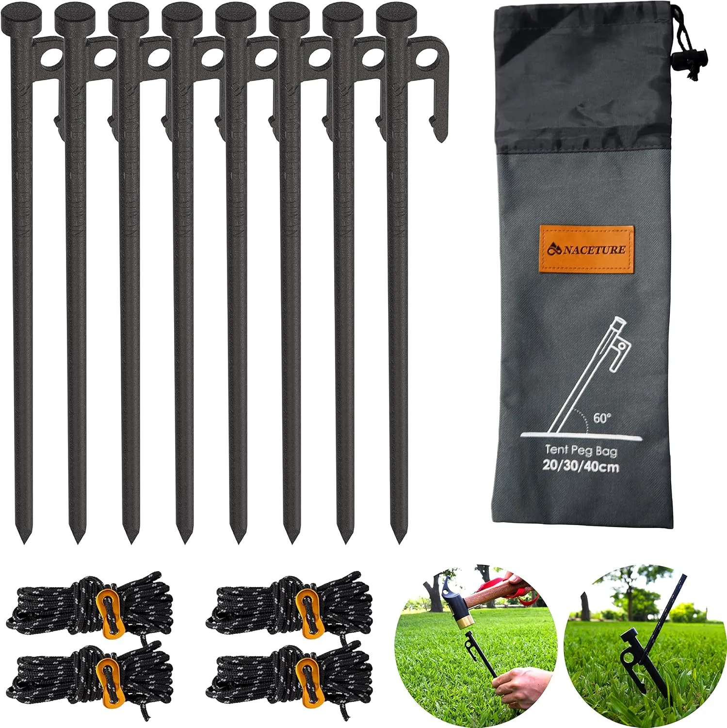 Metal Tent Stakes Heavy Duty 12 Inch 8 Pack with Camp Rope Guy Lines, Metal Stake for Ground, Canopy, Tarps, Sand Anchors for Camping, Picnics, or Yards, Reinforced Nail Heads Camping Accessories and