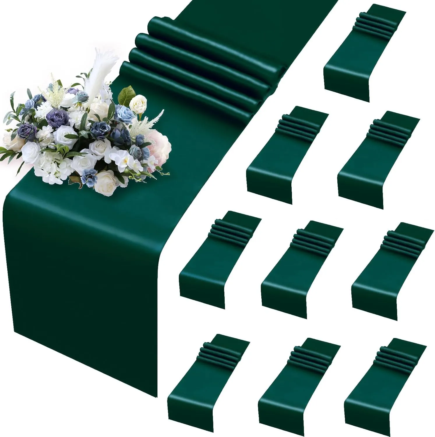 MILVOWOC 10 Pack Forest Green Satin Table Runners, 12 x 108 Inch Bright Satin Silk Table Runner Smooth Fabric Decorative Table Runner for Wedding Banquet Party Birthday Graduation
