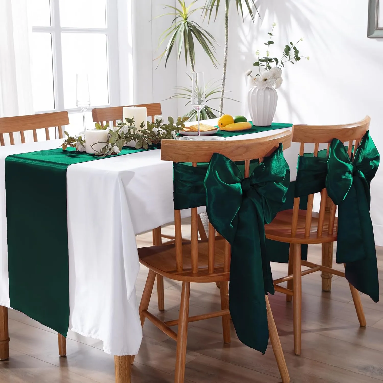 MILVOWOC 10 Pack Forest Green Satin Table Runners, 12 x 108 Inch Bright Satin Silk Table Runner Smooth Fabric Decorative Table Runner for Wedding Banquet Party Birthday Graduation