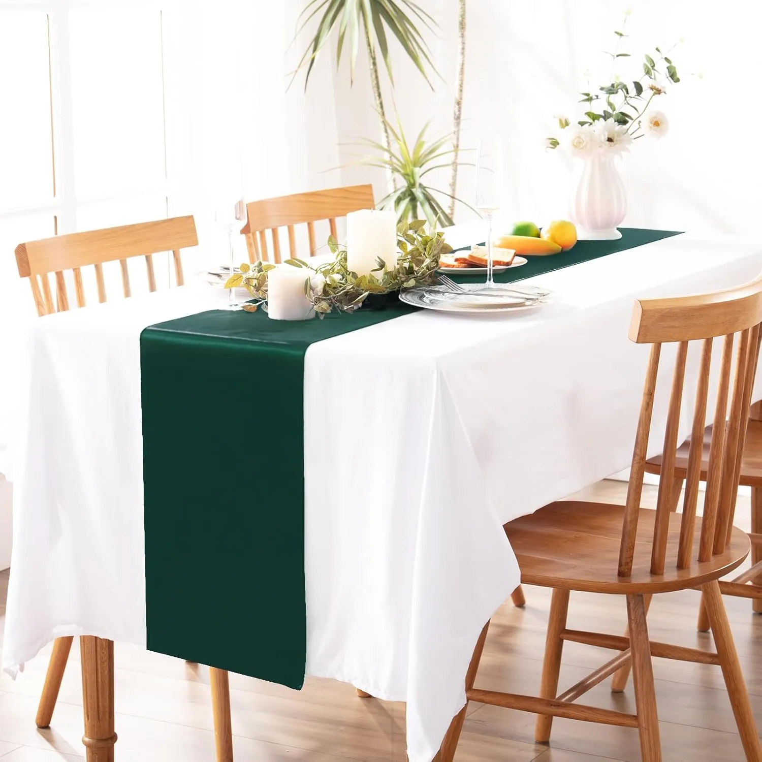 MILVOWOC 10 Pack Forest Green Satin Table Runners, 12 x 108 Inch Bright Satin Silk Table Runner Smooth Fabric Decorative Table Runner for Wedding Banquet Party Birthday Graduation