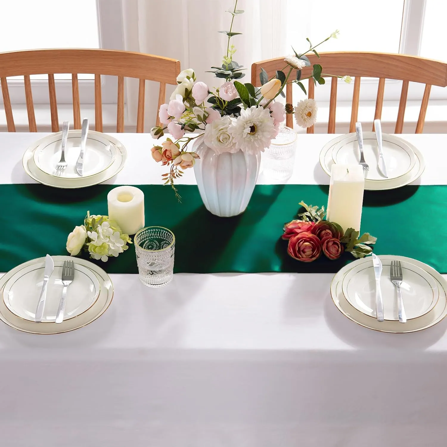 MILVOWOC 10 Pack Forest Green Satin Table Runners, 12 x 108 Inch Bright Satin Silk Table Runner Smooth Fabric Decorative Table Runner for Wedding Banquet Party Birthday Graduation