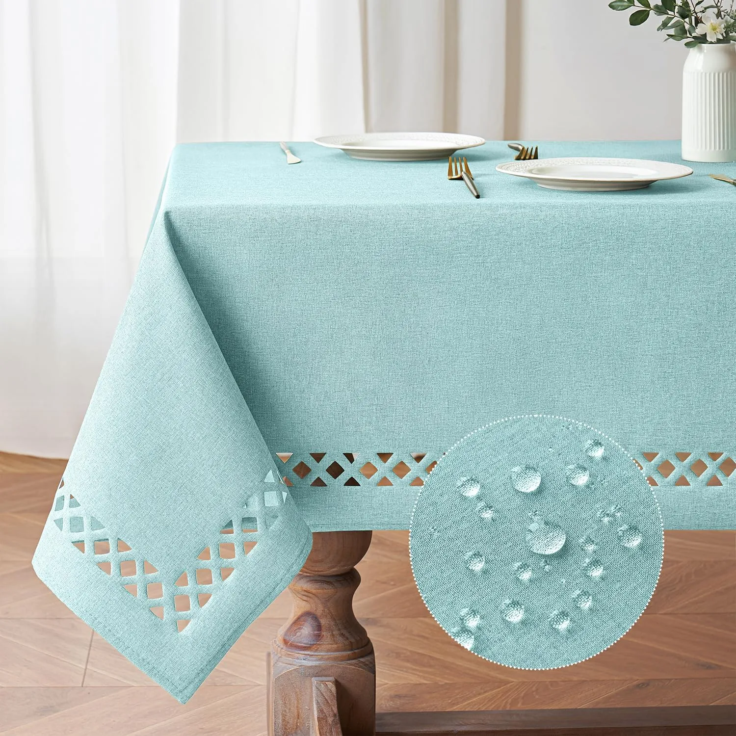 MIULEE Aqua Blue Polyester Linen Rectangle Tablecloth with Decorative Cutouts Waterproof Stain Resistant Table Cloth Light Blue Table Cover for Thanksgiving Dining Party Camping, 52 x 70 inch