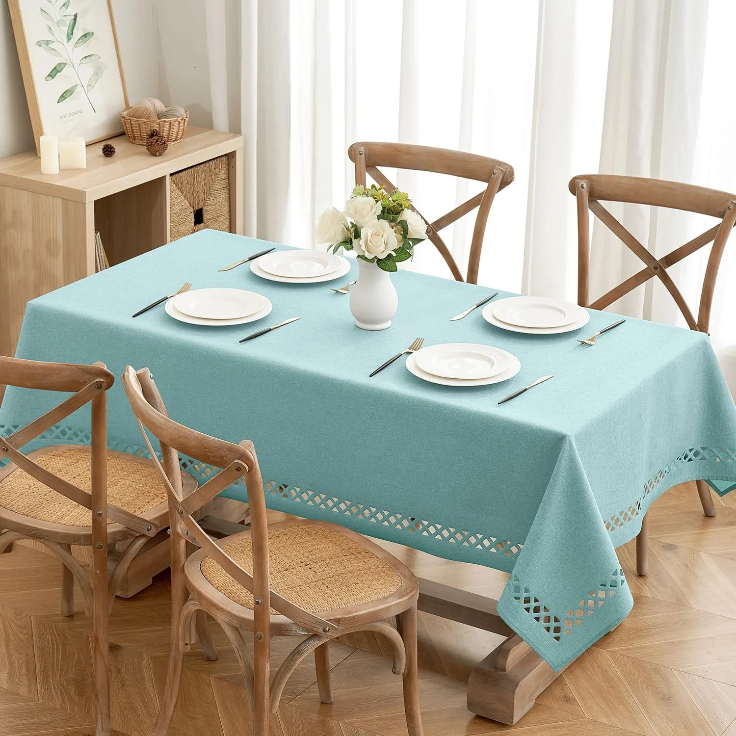 MIULEE Aqua Blue Polyester Linen Rectangle Tablecloth with Decorative Cutouts Waterproof Stain Resistant Table Cloth Light Blue Table Cover for Thanksgiving Dining Party Camping, 55 x 84 inch