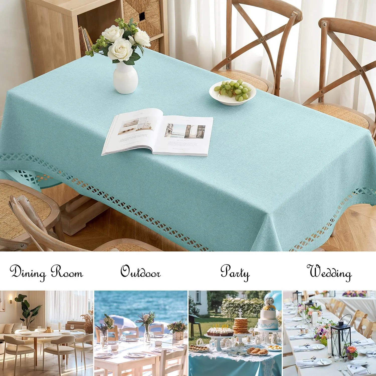 MIULEE Aqua Blue Polyester Linen Rectangle Tablecloth with Decorative Cutouts Waterproof Stain Resistant Table Cloth Light Blue Table Cover for Thanksgiving Dining Party Camping, 55 x 84 inch