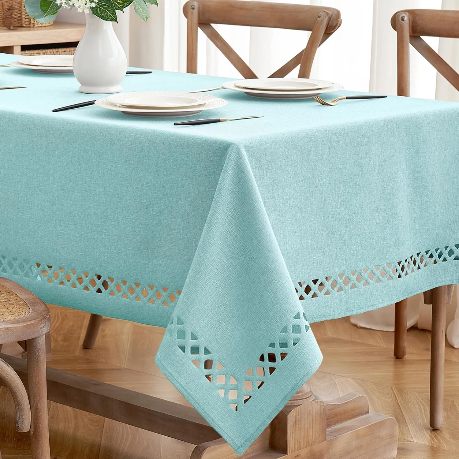 MIULEE Aqua Blue Polyester Linen Rectangle Tablecloth with Decorative Cutouts Waterproof Stain Resistant Table Cloth Light Blue Table Cover for Thanksgiving Dining Party Camping, 55 x 84 inch
