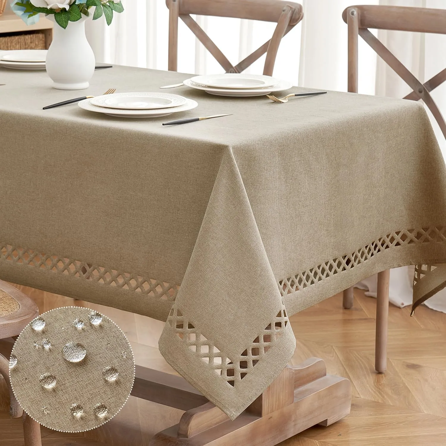 MIULEE Beige Thick Polyester Linen Rectangle Tablecloth with Decorative Cutouts Waterproof Stain Resistant Table Cloth Burlap Farmhouse Table Cover for Dining Party Camping Outdoor, 60 x 84 inch