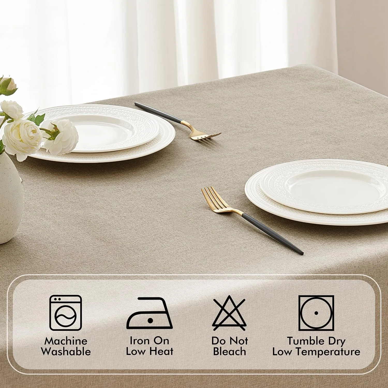 MIULEE Beige Thick Polyester Linen Rectangle Tablecloth with Decorative Cutouts Waterproof Stain Resistant Table Cloth Burlap Farmhouse Table Cover for Dining Party Camping Outdoor, 60 x 84 inch