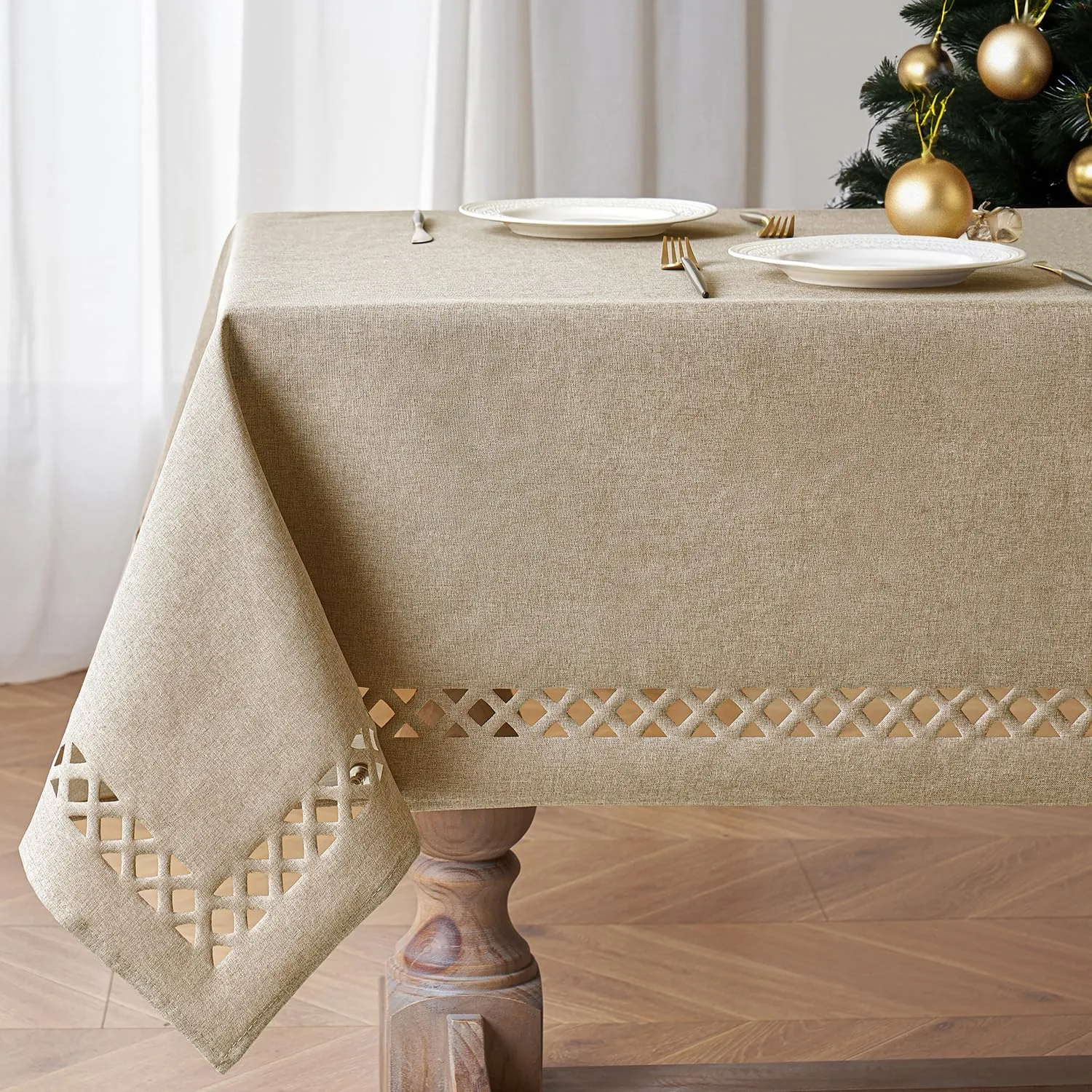 MIULEE Beige Thick Polyester Linen Rectangle Tablecloth with Decorative Cutouts Waterproof Stain Resistant Table Cloth Burlap Farmhouse Table Cover for Dining Party Camping Outdoor, 60 x 84 inch