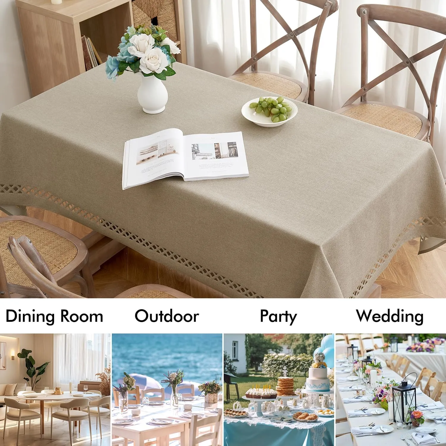 MIULEE Beige Thick Polyester Linen Rectangle Tablecloth with Decorative Cutouts Waterproof Stain Resistant Table Cloth Burlap Farmhouse Table Cover for Dining Party Camping Outdoor, 60 x 84 inch