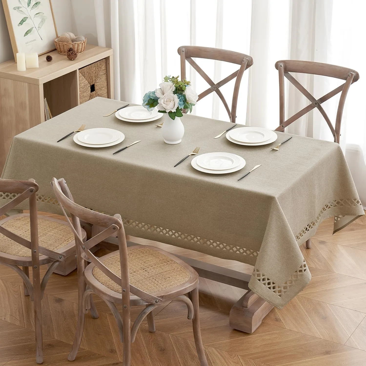 MIULEE Beige Thick Polyester Linen Rectangle Tablecloth with Decorative Cutouts Waterproof Stain Resistant Table Cloth Burlap Farmhouse Table Cover for Dining Party Camping Outdoor, 60 x 84 inch