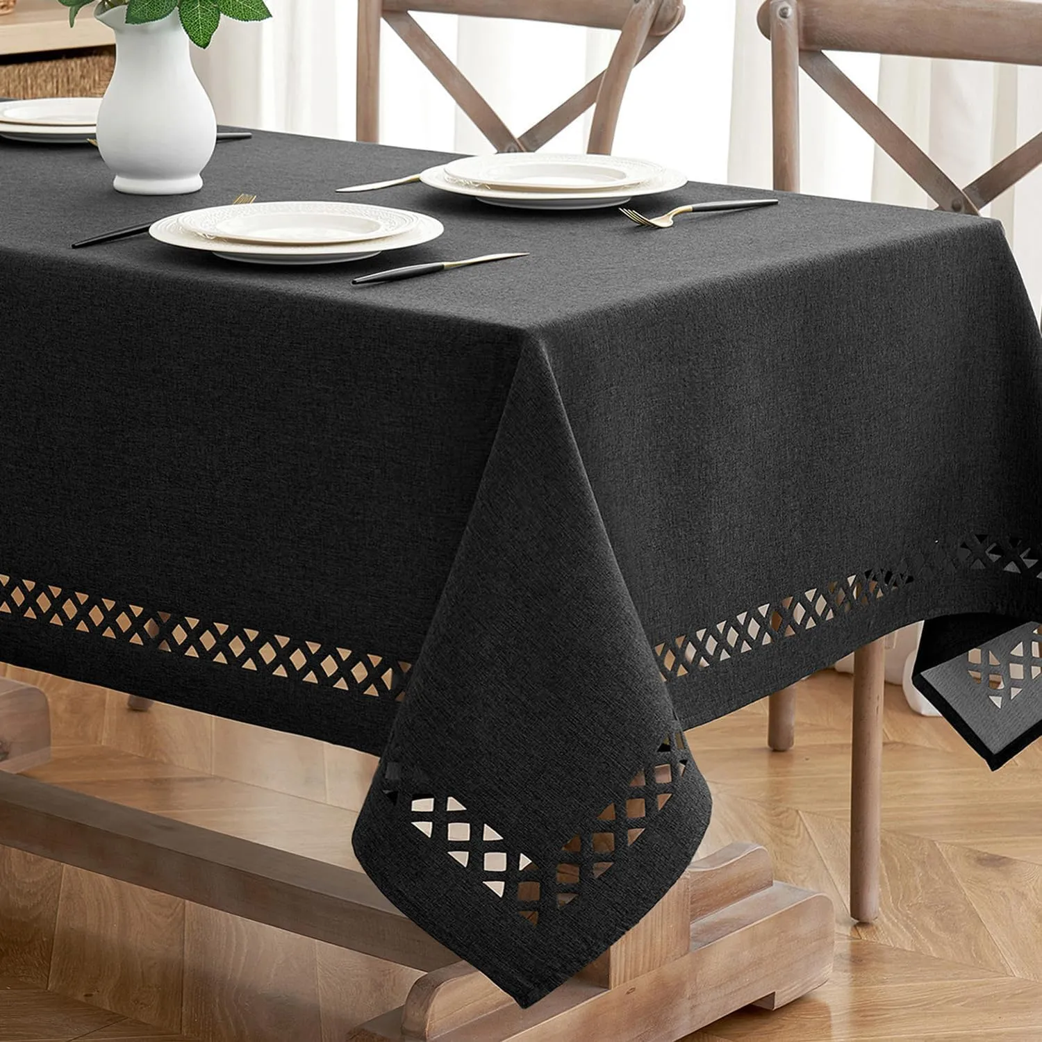MIULEE Black Polyester Linen Rectangle Tablecloth with Decorative Cutouts Waterproof Stain Resistant Table Cloth Farmhouse Table Cover for Thanksgiving Dining Party Camping, 55 x 84 inch