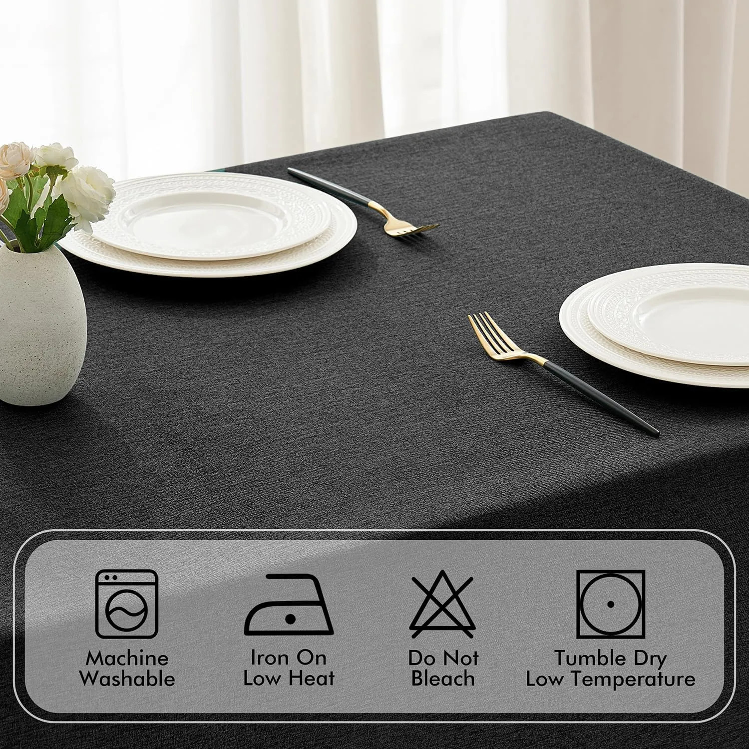 MIULEE Black Polyester Linen Rectangle Tablecloth with Decorative Cutouts Waterproof Stain Resistant Table Cloth Farmhouse Table Cover for Thanksgiving Dining Party Camping, 55 x 84 inch