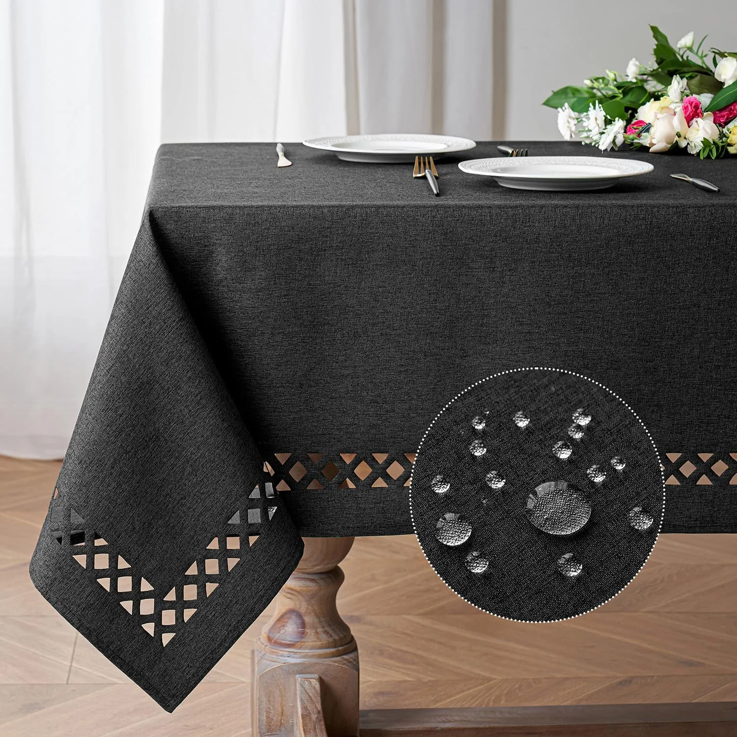 MIULEE Black Polyester Linen Rectangle Tablecloth with Decorative Cutouts Waterproof Stain Resistant Table Cloth Farmhouse Table Cover for Thanksgiving Dining Party Camping, 55 x 84 inch