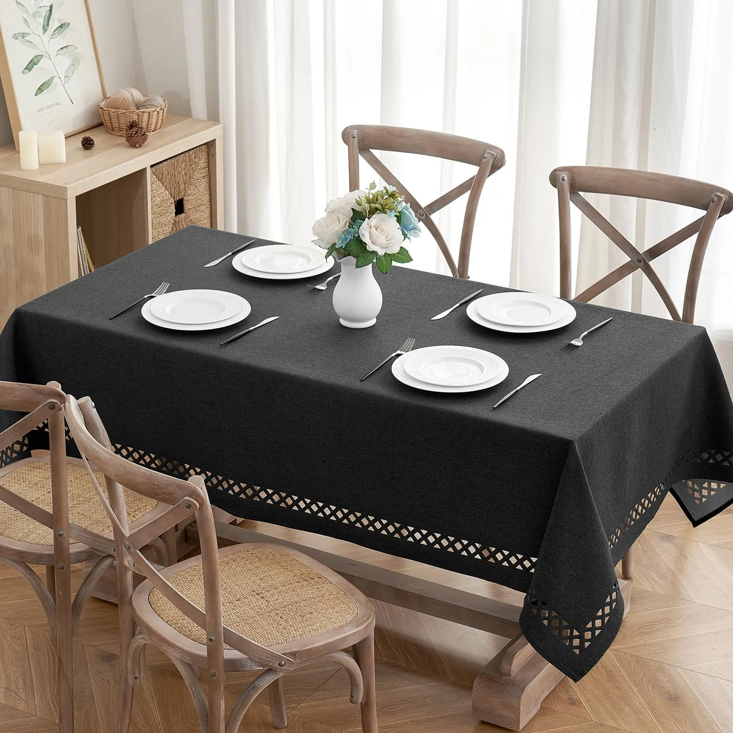 MIULEE Black Polyester Linen Rectangle Tablecloth with Decorative Cutouts Waterproof Stain Resistant Table Cloth Farmhouse Table Cover for Thanksgiving Dining Party Camping, 55 x 84 inch