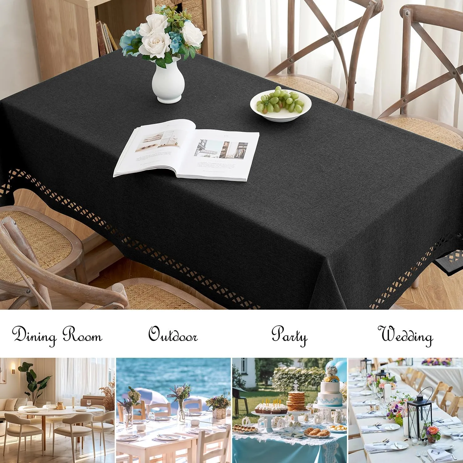 MIULEE Black Polyester Linen Rectangle Tablecloth with Decorative Cutouts Waterproof Stain Resistant Table Cloth Farmhouse Table Cover for Thanksgiving Dining Party Camping, 55 x 84 inch