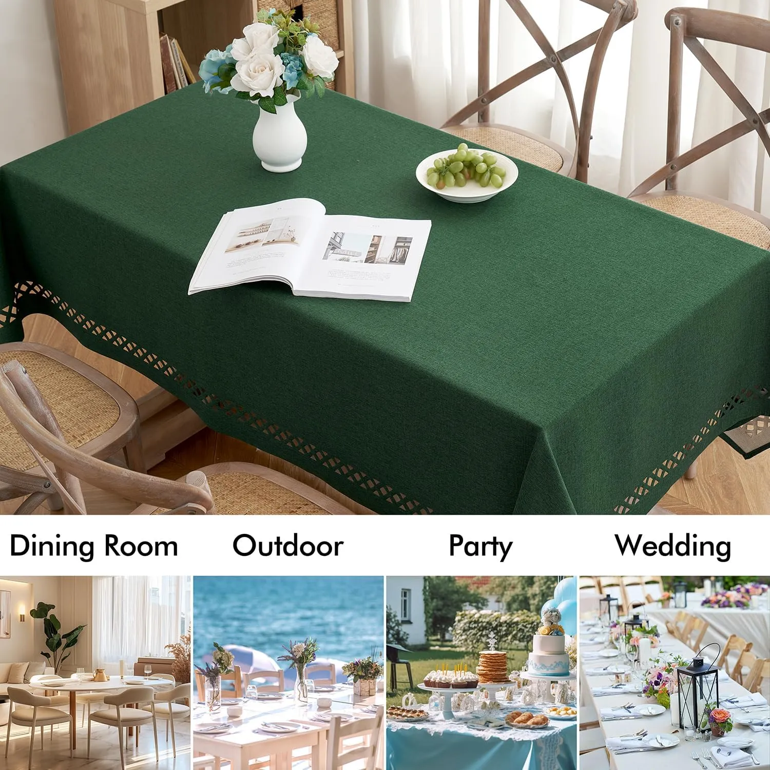 MIULEE Hunter Green Thick Polyester Linen Rectangle Tablecloth Decorative Cutouts Waterproof Stain and Wrinkle Resistant Table Cloth Christmas Holiday Table Cover for Dining Kitchen, 52 x 70 inch