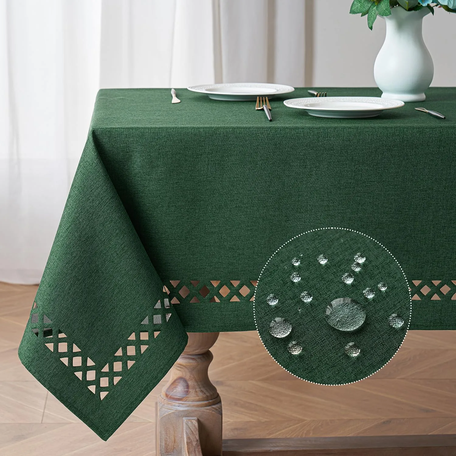 MIULEE Hunter Green Thick Polyester Linen Rectangle Tablecloth Decorative Cutouts Waterproof Stain and Wrinkle Resistant Table Cloth Christmas Holiday Table Cover for Dining Kitchen, 52 x 70 inch