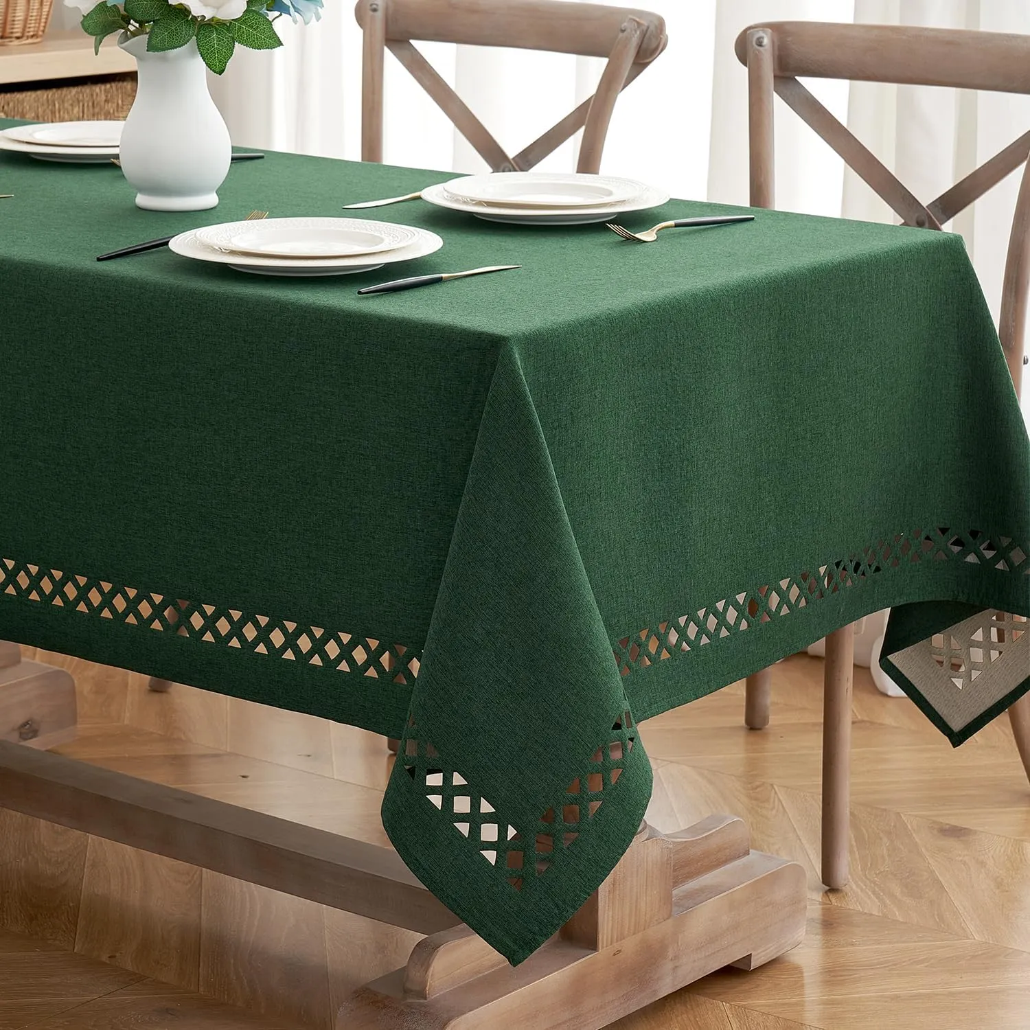 MIULEE Hunter Green Thick Polyester Linen Rectangle Tablecloth Decorative Cutouts Waterproof Stain and Wrinkle Resistant Table Cloth Christmas Holiday Table Cover for Dining Kitchen, 52 x 70 inch