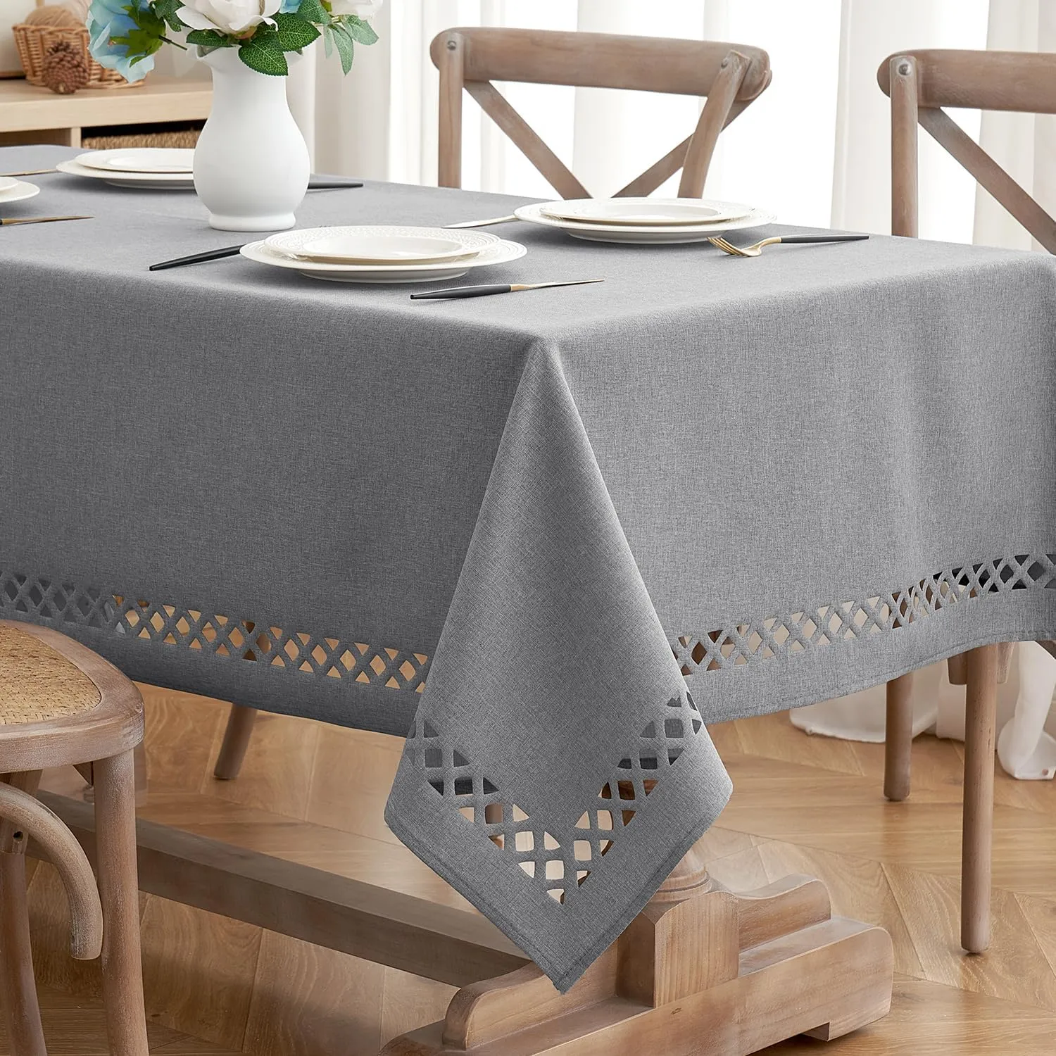 MIULEE Light Grey Thick Polyester Linen Rectangle Tablecloth Decorative Cutouts Waterproof Stain Resistant Table Cloth Farmhouse Table Cover for Dining Party Buffet Camping Wedding, 55 x 84 inch
