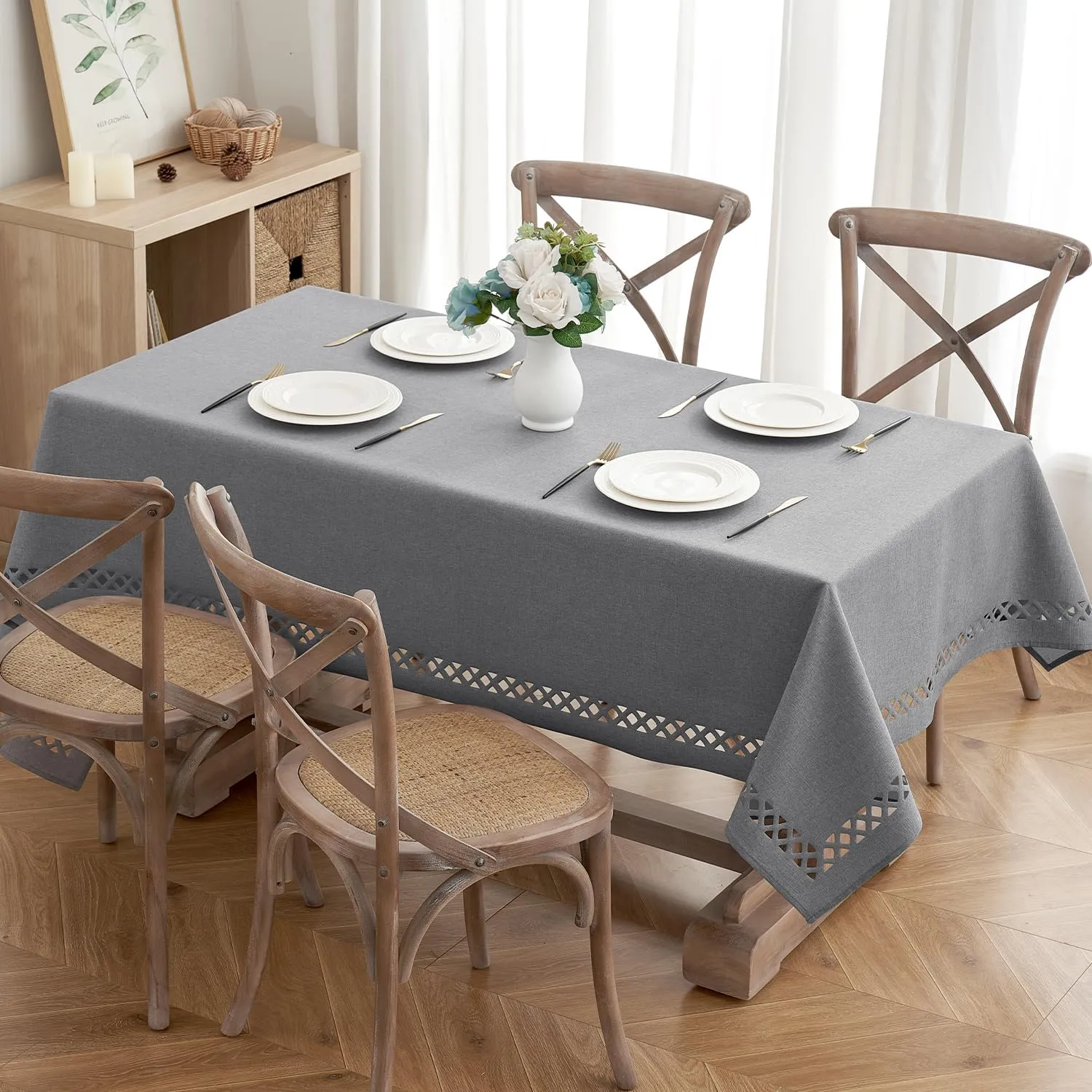 MIULEE Light Grey Thick Polyester Linen Rectangle Tablecloth Decorative Cutouts Waterproof Stain Resistant Table Cloth Farmhouse Table Cover for Dining Party Buffet Camping Wedding, 55 x 84 inch