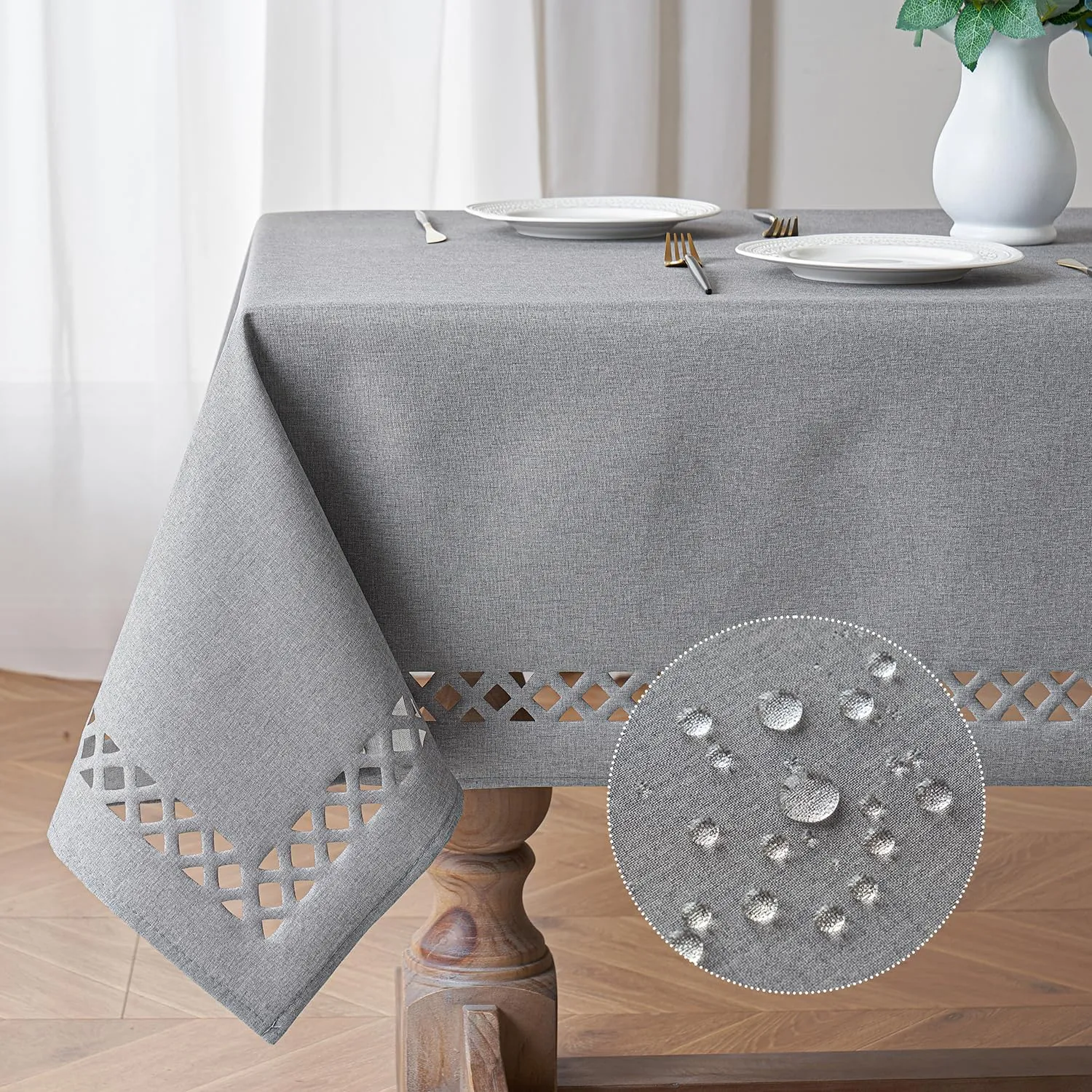 MIULEE Light Grey Thick Polyester Linen Rectangle Tablecloth Decorative Cutouts Waterproof Stain Resistant Table Cloth Farmhouse Table Cover for Dining Party Buffet Camping Wedding, 55 x 84 inch