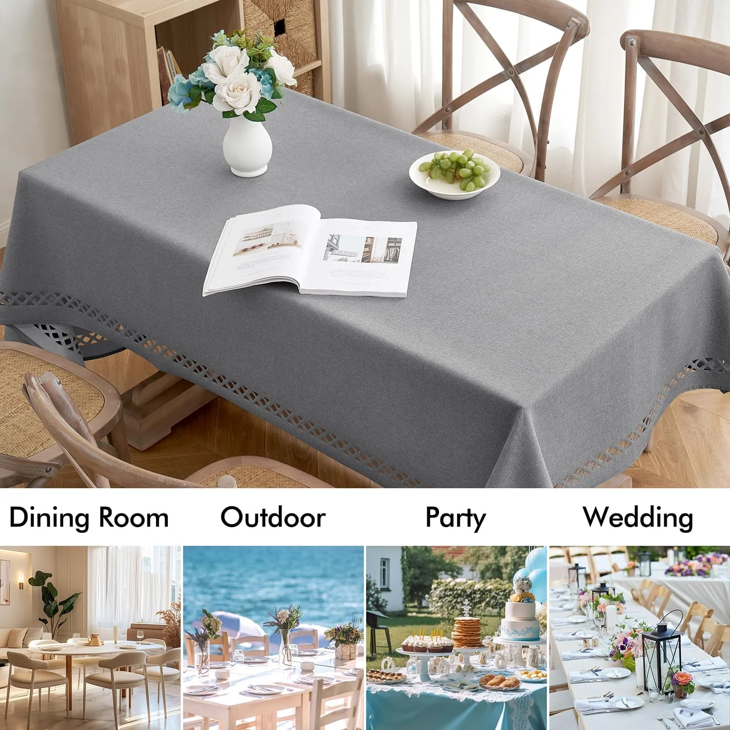 MIULEE Light Grey Thick Polyester Linen Rectangle Tablecloth Decorative Cutouts Waterproof Stain Resistant Table Cloth Farmhouse Table Cover for Dining Party Buffet Camping Wedding, 55 x 84 inch