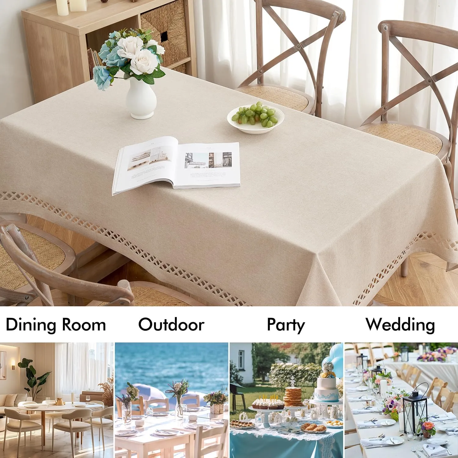 MIULEE Natural Thick Polyester Linen Rectangle Tablecloth with Decorative Cutouts Waterproof Stain Resistant Table Cloth Farmhouse Table Cover for Thanksgiving Dining Party Camping, 60 x 84 inch