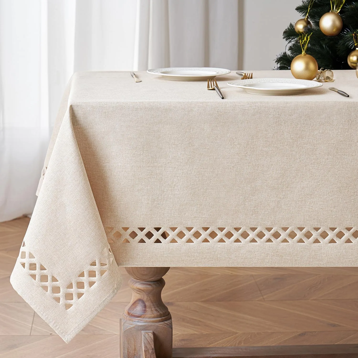 MIULEE Natural Thick Polyester Linen Rectangle Tablecloth with Decorative Cutouts Waterproof Stain Resistant Table Cloth Farmhouse Table Cover for Thanksgiving Dining Party Camping, 60 x 84 inch