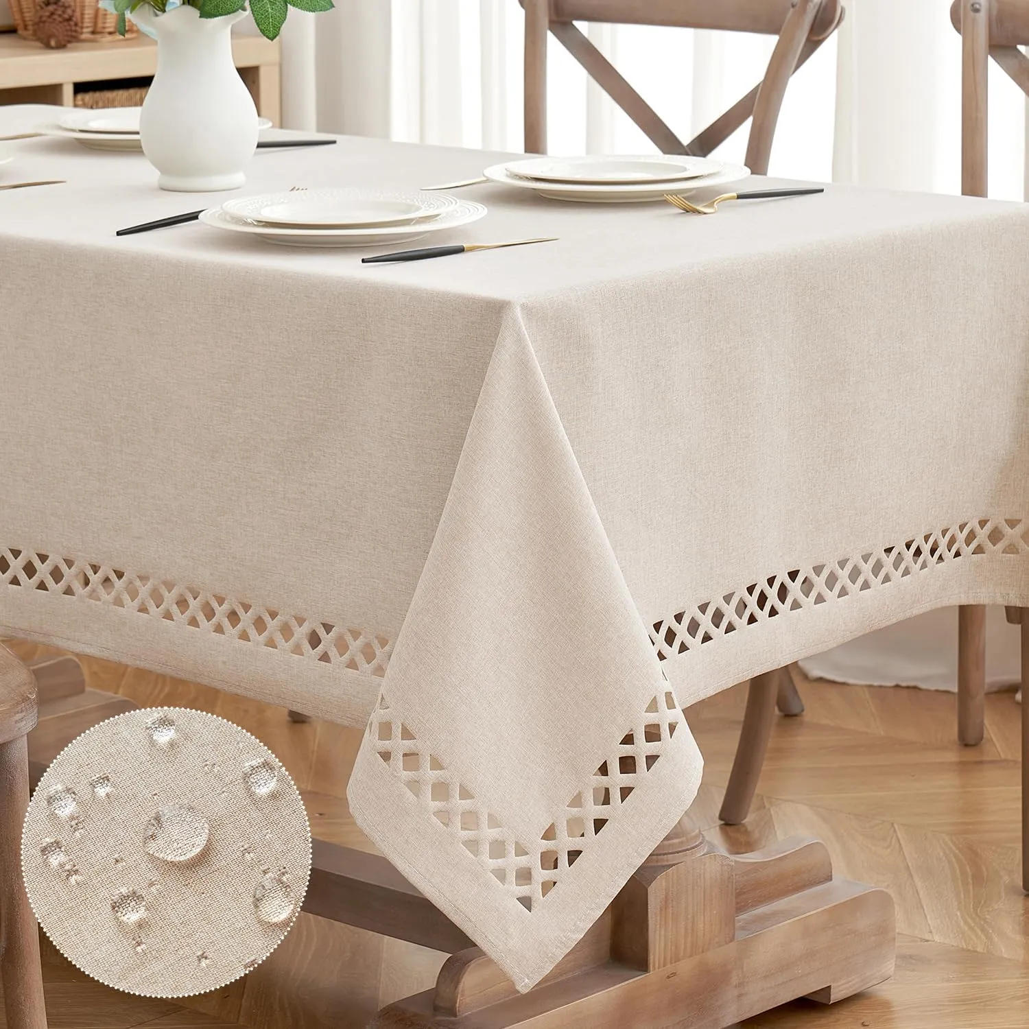 MIULEE Natural Thick Polyester Linen Rectangle Tablecloth with Decorative Cutouts Waterproof Stain Resistant Table Cloth Farmhouse Table Cover for Thanksgiving Dining Party Camping, 60 x 84 inch
