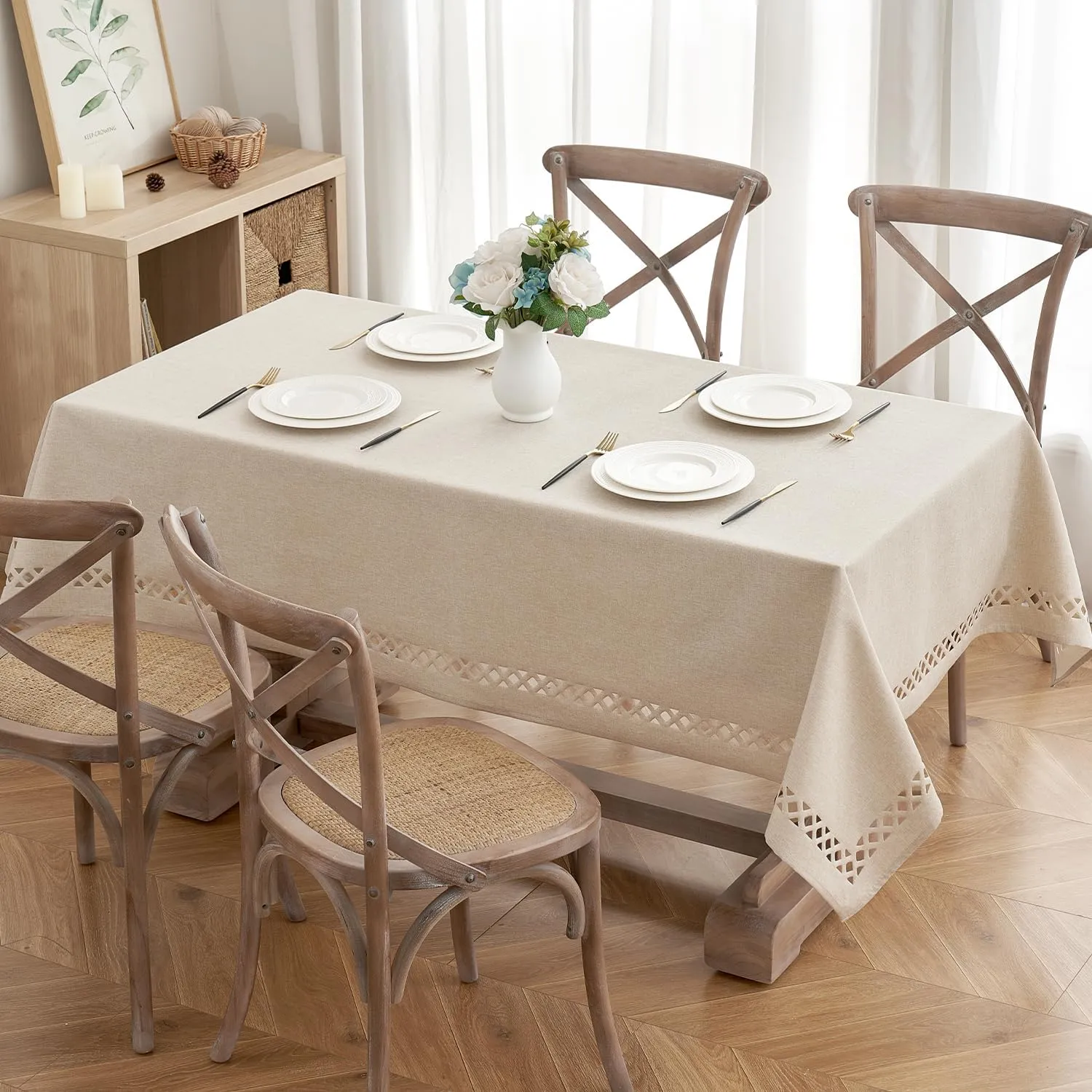 MIULEE Natural Thick Polyester Linen Rectangle Tablecloth with Decorative Cutouts Waterproof Stain Resistant Table Cloth Farmhouse Table Cover for Thanksgiving Dining Party Camping, 60 x 84 inch