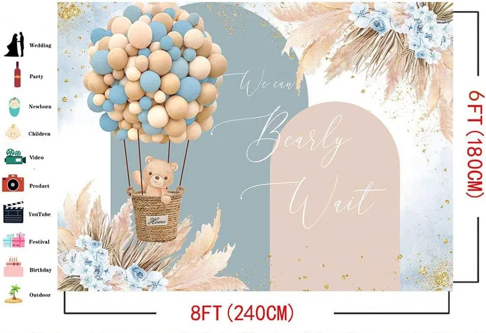 Mocsicka Boy Bear Balloons Baby Shower Backdrop - Blue Boho Flowers Hot Air Balloon Background With Pampas Grass - We Can Bearly Wait Party Decorations Photo Booth (Blue, 8x6ft)
