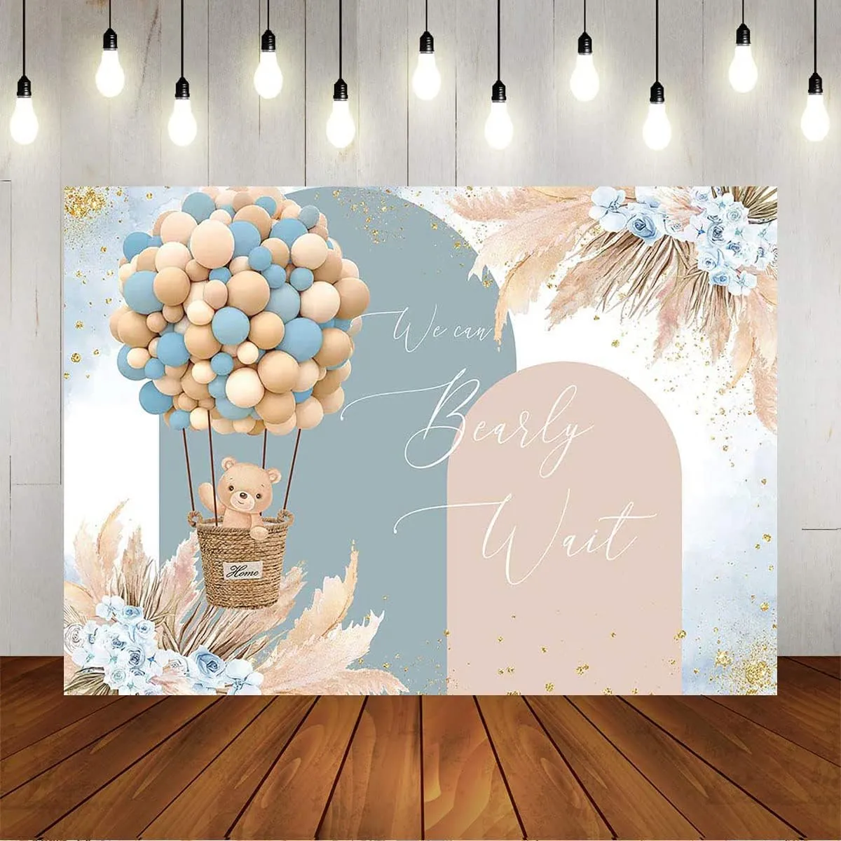 Mocsicka Boy Bear Balloons Baby Shower Backdrop - Blue Boho Flowers Hot Air Balloon Background With Pampas Grass - We Can Bearly Wait Party Decorations Photo Booth (Blue, 8x6ft)