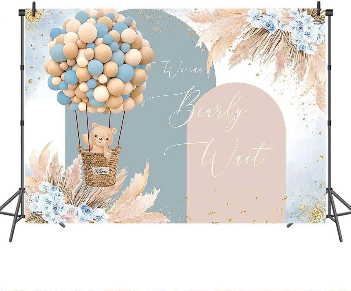 Mocsicka Boy Bear Balloons Baby Shower Backdrop - Blue Boho Flowers Hot Air Balloon Background With Pampas Grass - We Can Bearly Wait Party Decorations Photo Booth (Blue, 8x6ft)