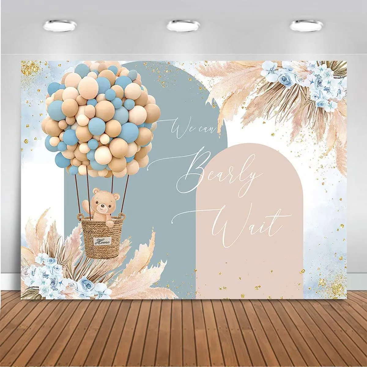 Mocsicka Boy Bear Balloons Baby Shower Backdrop - Blue Boho Flowers Hot Air Balloon Background With Pampas Grass - We Can Bearly Wait Party Decorations Photo Booth (Blue, 8x6ft)