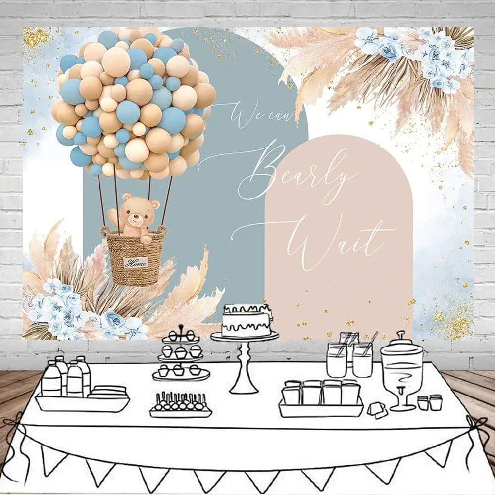 Mocsicka Boy Bear Balloons Baby Shower Backdrop - Blue Boho Flowers Hot Air Balloon Background With Pampas Grass - We Can Bearly Wait Party Decorations Photo Booth (Blue, 8x6ft)