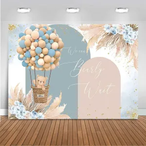 Mocsicka Boy Bear Balloons Baby Shower Backdrop - Blue Boho Flowers Hot Air Balloon Background With Pampas Grass - We Can Bearly Wait Party Decorations Photo Booth (Blue, 8x6ft)