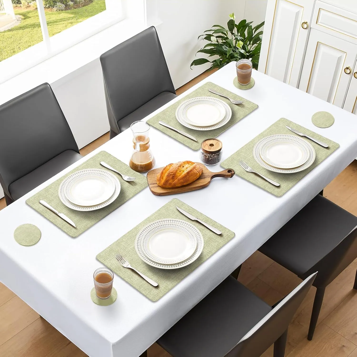 MOSAYT Faux Leather Placemats Set of 6, Heat Resistant Vinyl Place Mats with Coasters, Wipeable Washable Waterproof Oil Proof Table Mats for Kitchen Dining Indoor Outdoor, 12" x 18", Sage Green