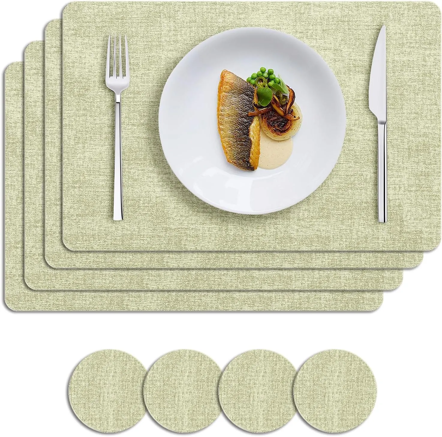 MOSAYT Faux Leather Placemats Set of 6, Heat Resistant Vinyl Place Mats with Coasters, Wipeable Washable Waterproof Oil Proof Table Mats for Kitchen Dining Indoor Outdoor, 12" x 18", Sage Green