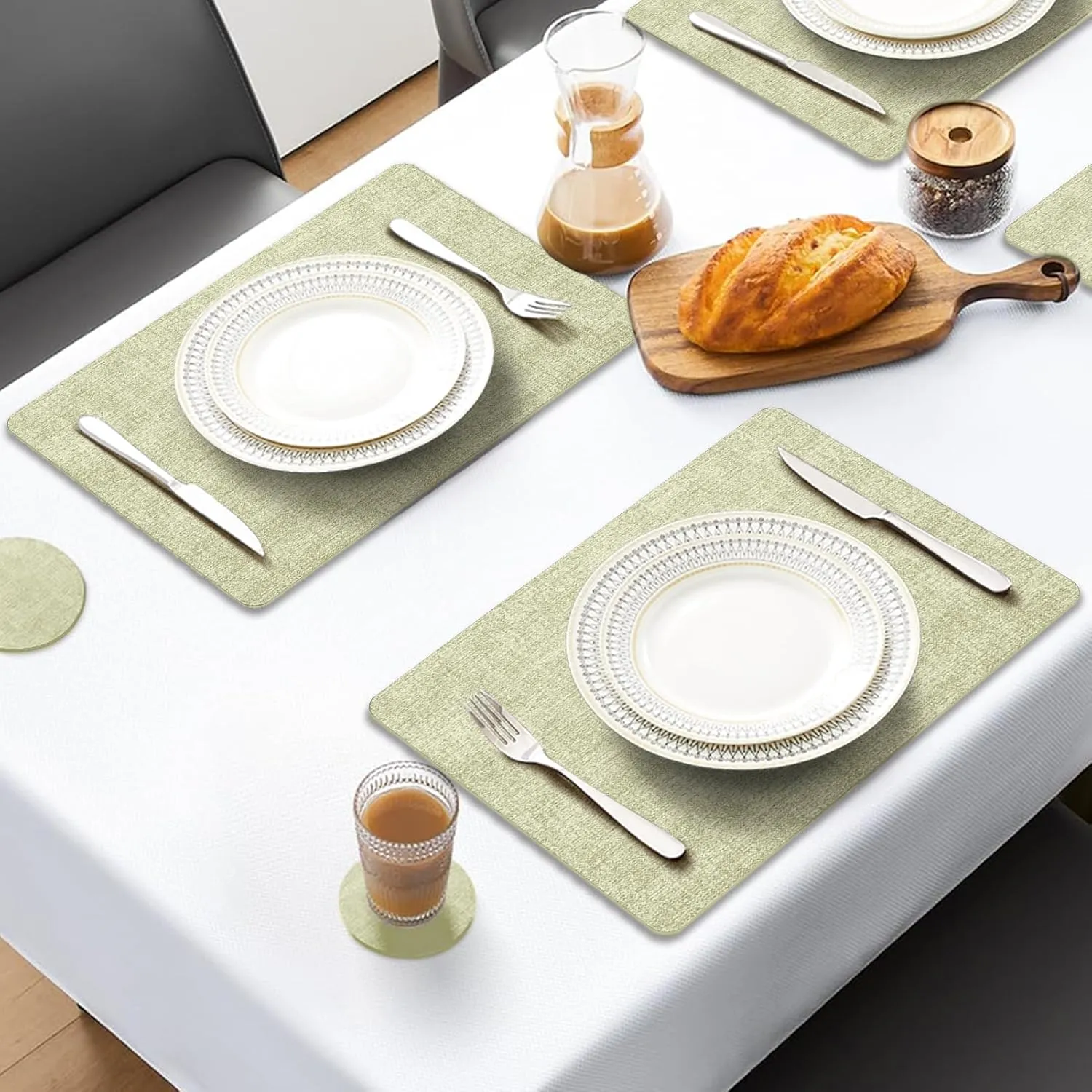 MOSAYT Faux Leather Placemats Set of 6, Heat Resistant Vinyl Place Mats with Coasters, Wipeable Washable Waterproof Oil Proof Table Mats for Kitchen Dining Indoor Outdoor, 12" x 18", Sage Green