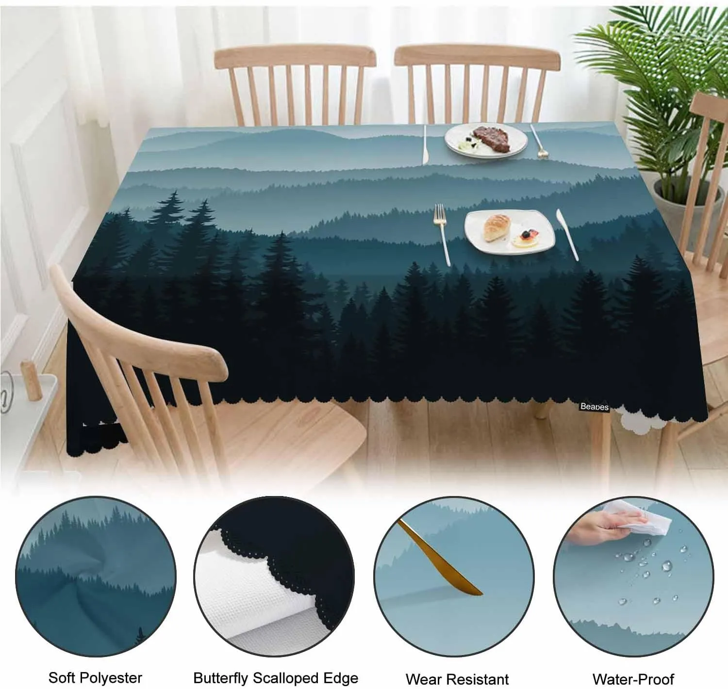 Mountain Forest Decorative Table Cover for Kitchen, Foggy Mountain Pine Woodland Oblong Tablecloth Dining Table Cloth Tabletop Tablecloths for BBQ Picnic Coffee 52"X70", 4-6 Seats