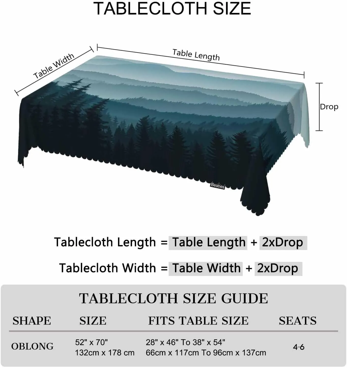 Mountain Forest Decorative Table Cover for Kitchen, Foggy Mountain Pine Woodland Oblong Tablecloth Dining Table Cloth Tabletop Tablecloths for BBQ Picnic Coffee 52"X70", 4-6 Seats