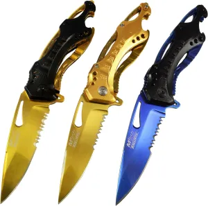 Mtech Tactical Spring Assisted Open Folding Pocket Knife 3 Piece Set Titanium Gold and Blue Blade