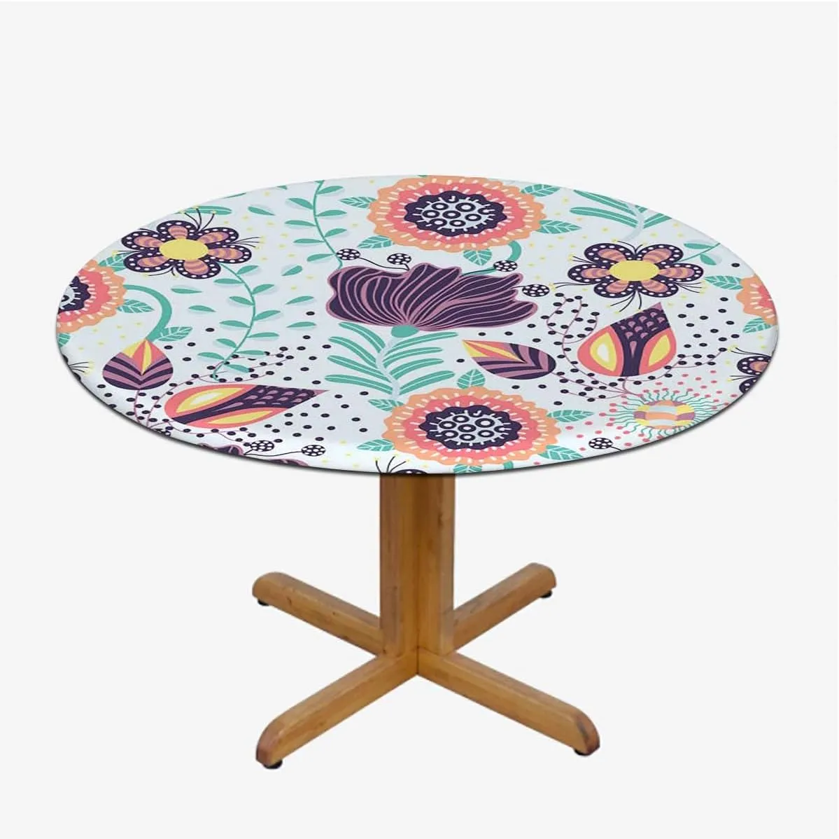 Multi Colored Round Fitted Tablecloth with Elastic Edge Shaped Striped Oriental Pattern Flowers Soft-Touch Fitted Table Cloth, Waterproof Oil-Proof Table Cover Paisley Fit for 48"-51" Table