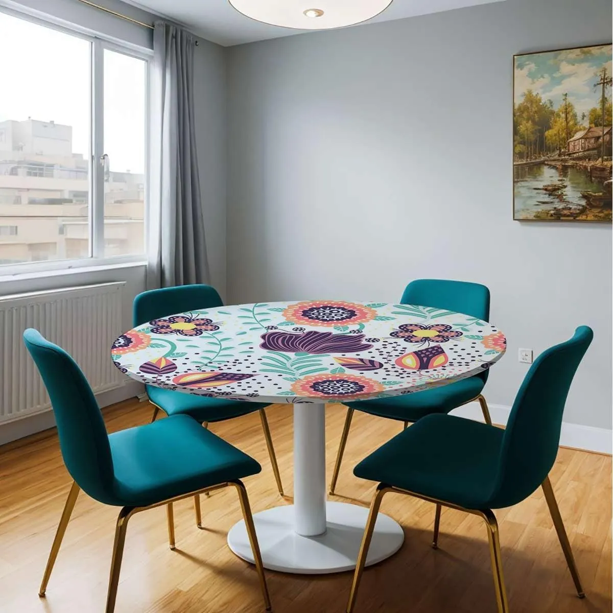 Multi Colored Round Fitted Tablecloth with Elastic Edge Shaped Striped Oriental Pattern Flowers Soft-Touch Fitted Table Cloth, Waterproof Oil-Proof Table Cover Paisley Fit for 48"-51" Table
